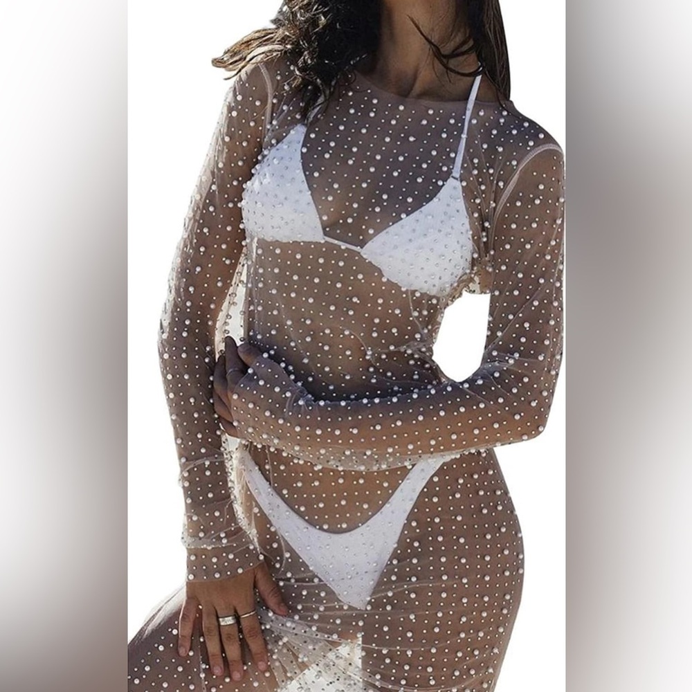 White Sheer Pearl Rhinestone Cover-Up- Midi length